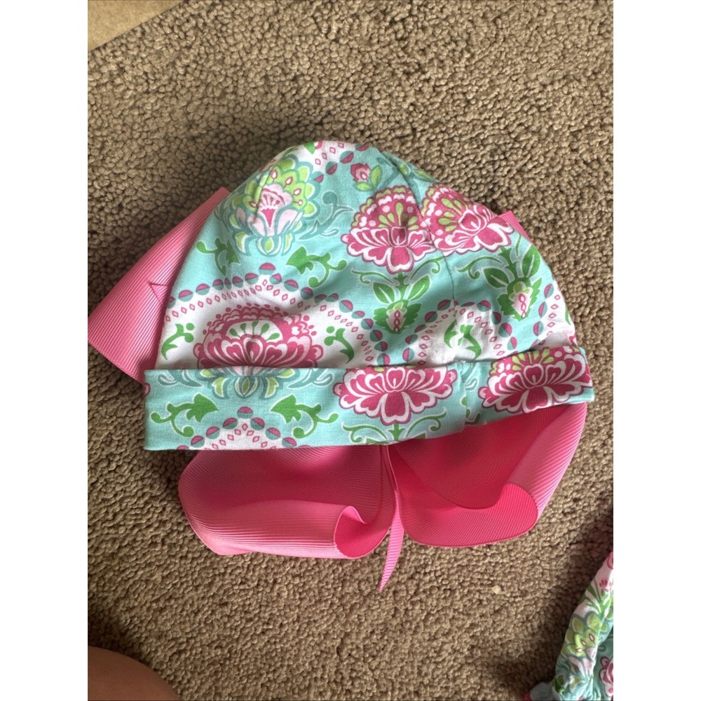 Mudpie Baby Girls Blue And Pink Floral Snap Up Outfit With Bow Cap 3-6 Months - Picture 7 of 10